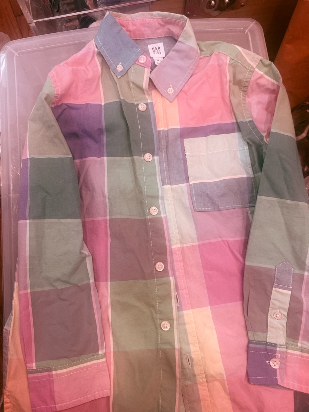 GAP Pastel Plaid Button-Down Shirt in Pink, Green, Purple, Cream size 6-7